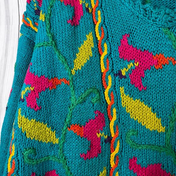 Vintage 1990s Handknitted Int Express Women’s Floral Knit Sweater Funky Medium - Picture 9 of 10